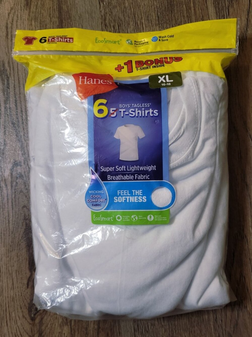 Hanes T-Shirts Boys XL 16 - 18 White Tagless Soft Lightweight EcoSmart 5 Pack